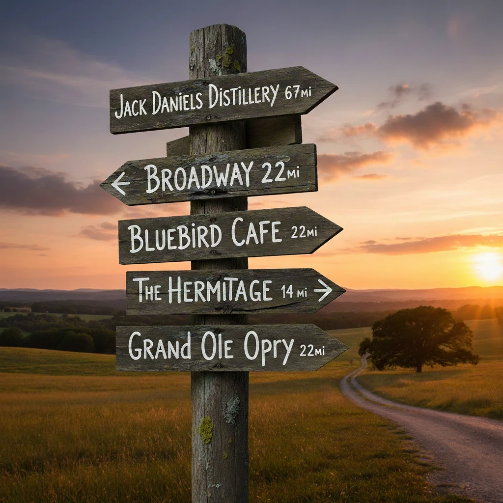 A sign with arrows pointing to attractions near Rockhaven Cabins.