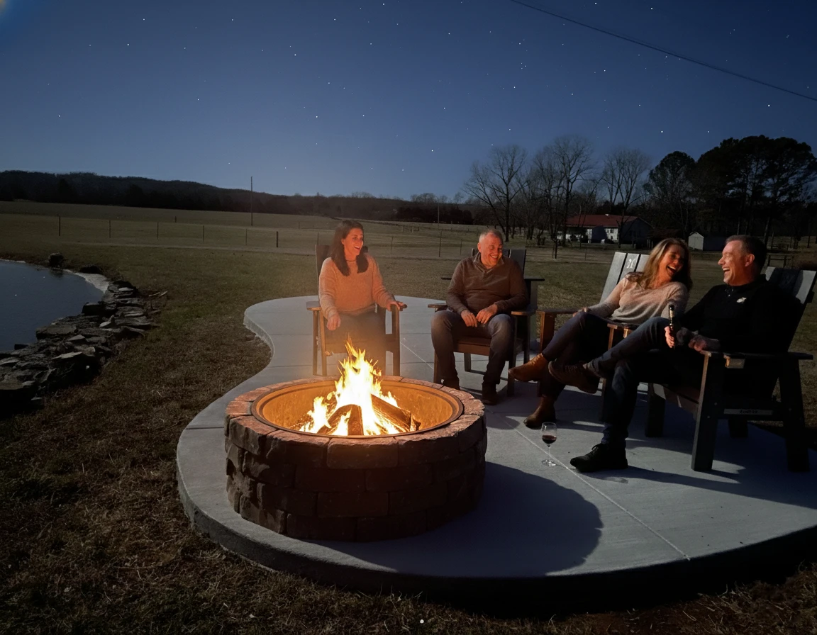 Couple relaxing at the fire pit under a clear night sky.