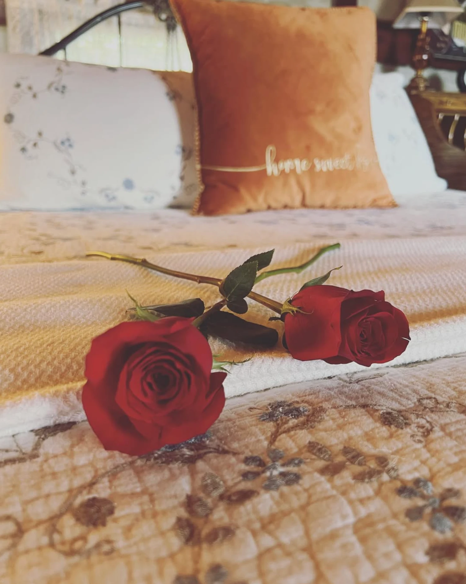 Fresh roses placed on white bedding in a cozy cabin room.